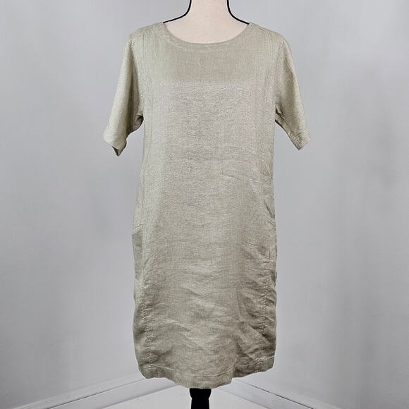 Eileen Fisher Shift Midi Dress Natrual Tan Linen Blend | Women's XS | FLAWS - Picture 1 of 16